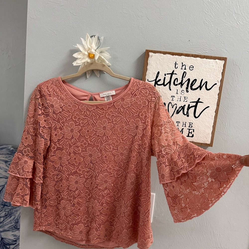 Elegant Lace Bell Sleeve Blouse - Coral